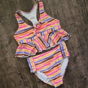 WONDER NATION Sz L 10-12 Striped Multicolor Bikini Set Ruffle Bright Colors